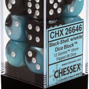 12 Gemini Black Shell w/ White 16mm D6 Dice Block – CHX26646