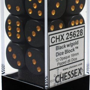 12 Black /gold Opaque 16mm D6 Dice Block – CHX25628