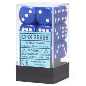 12 Opaque Blue w/ White 16mm D6 Dice Block – CHX25606