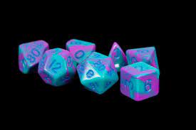 Purple/Teal w Blue Number 16mm Acrylic Poly Dice Set