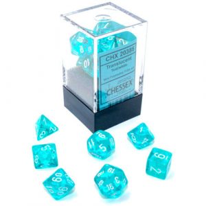 Mini : Translucent Teal/White Mini-Polyhedral 7-dice set